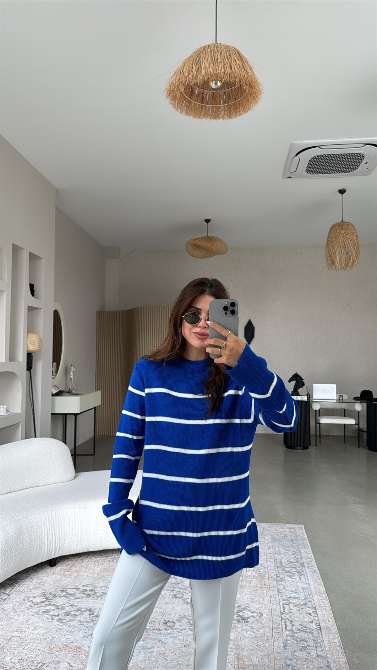 Saks Mavi Çizgili Triko Tunik