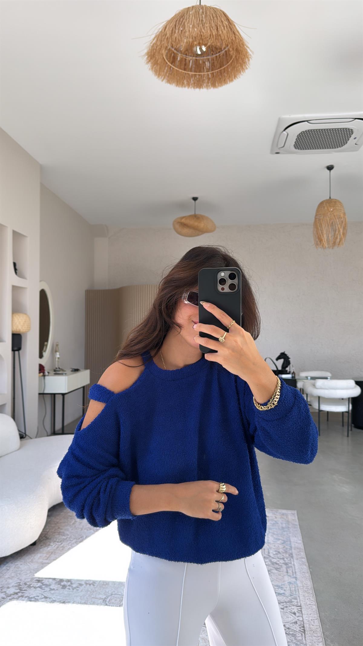 Saks Mavi Dokulu Omuz Detaylı Triko