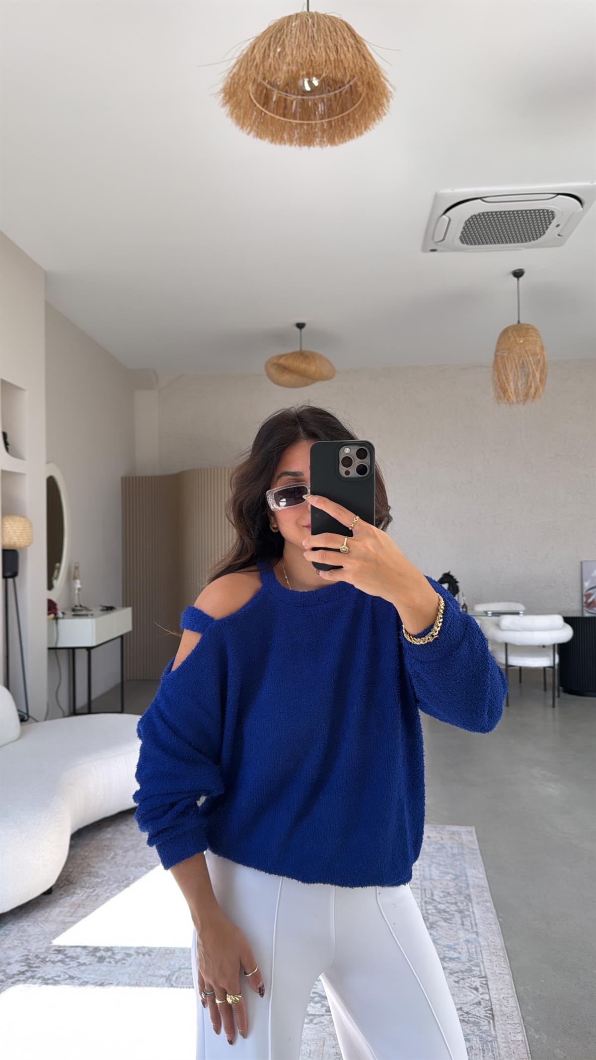 Saks Mavi Dokulu Omuz Detaylı Triko