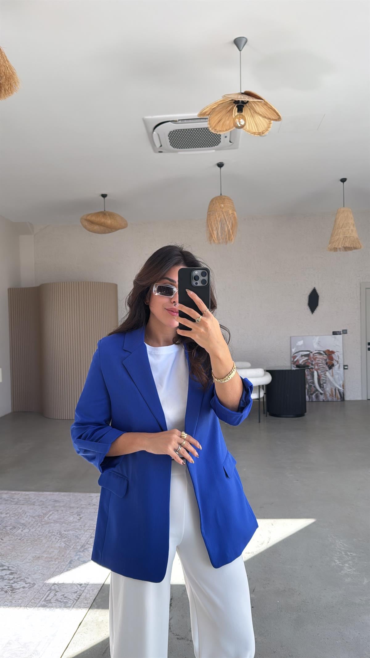 Saks Mavi Kolları Katlı Astarlı Ceket