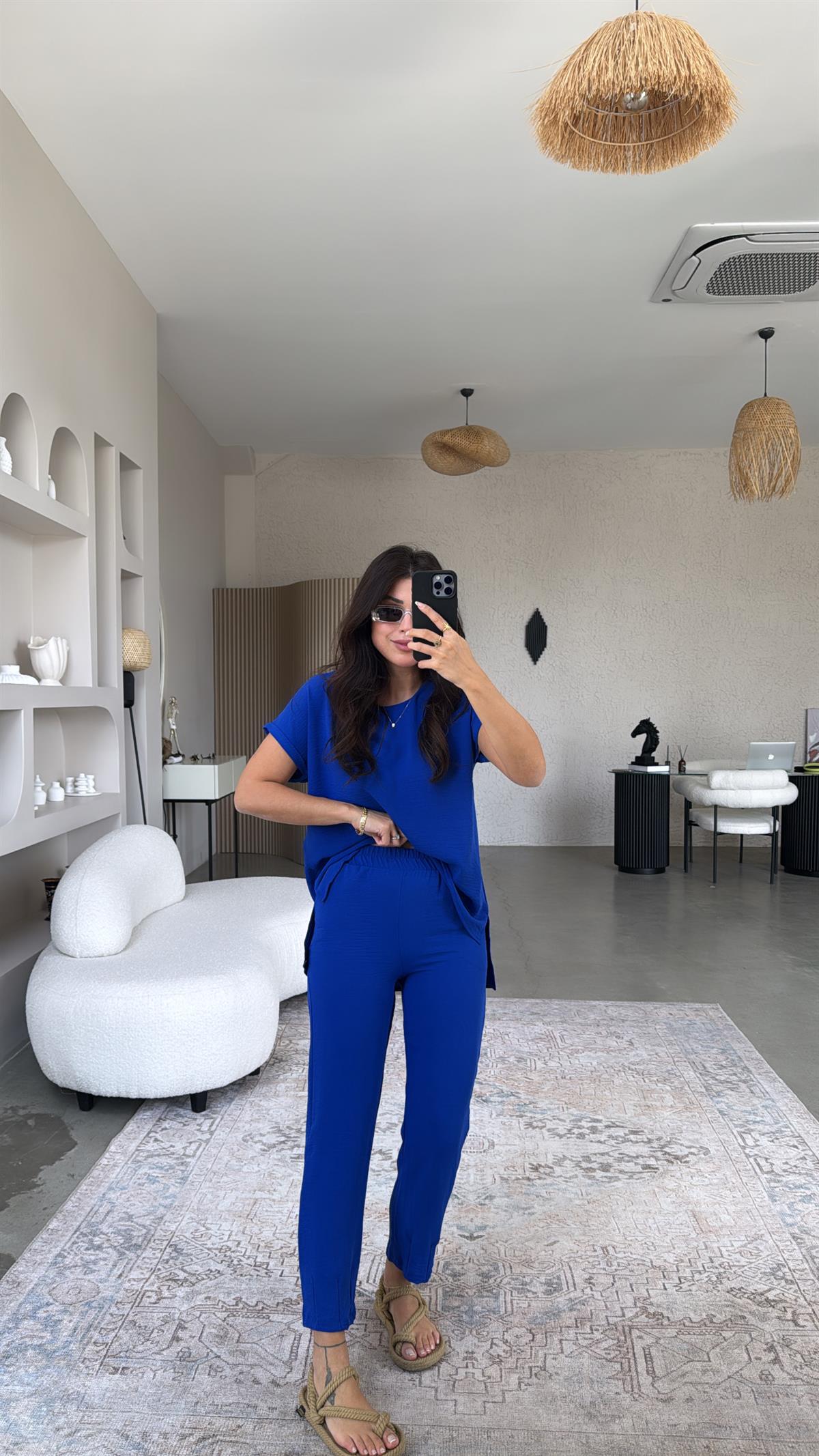 Saks Mavi Paça Pensli Pantolon Bluz Takım