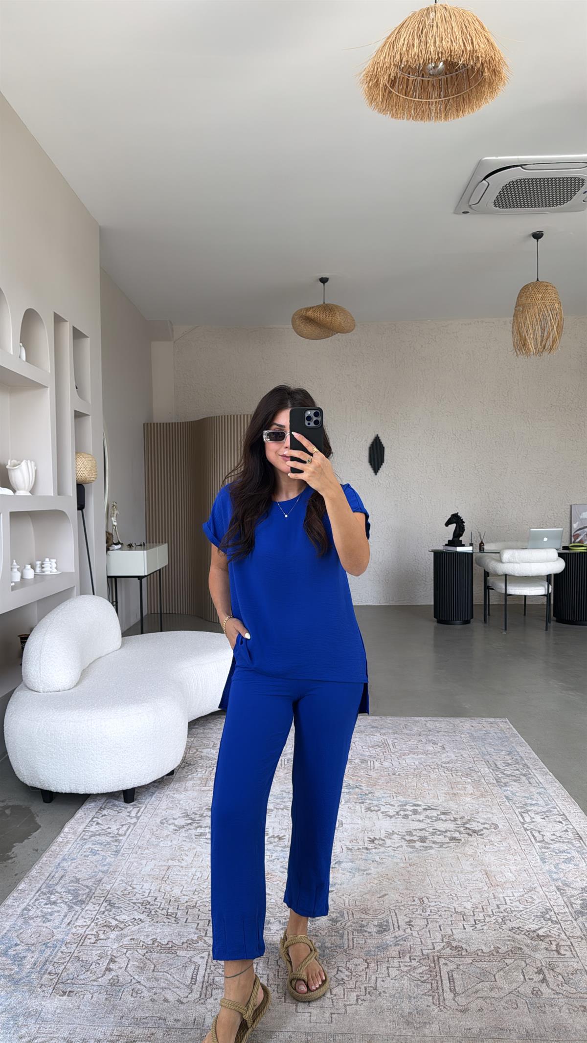 Saks Mavi Paça Pensli Pantolon Bluz Takım