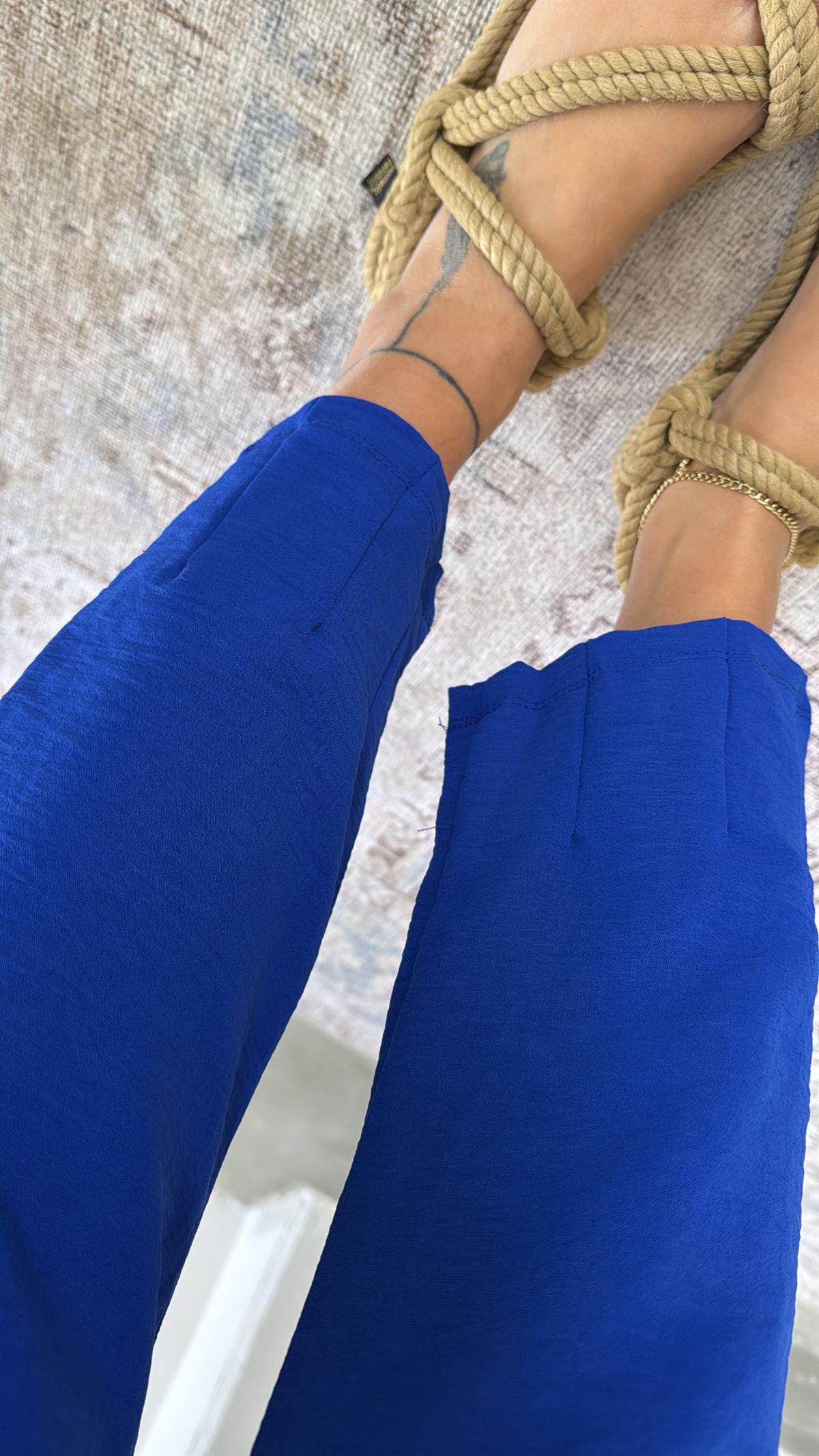 Saks Mavi Paça Pensli Pantolon Bluz Takım