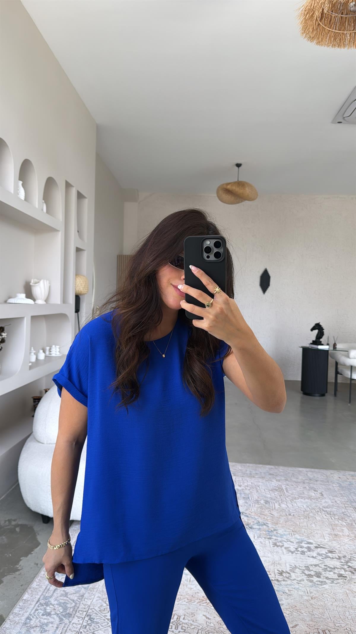 Saks Mavi Paça Pensli Pantolon Bluz Takım