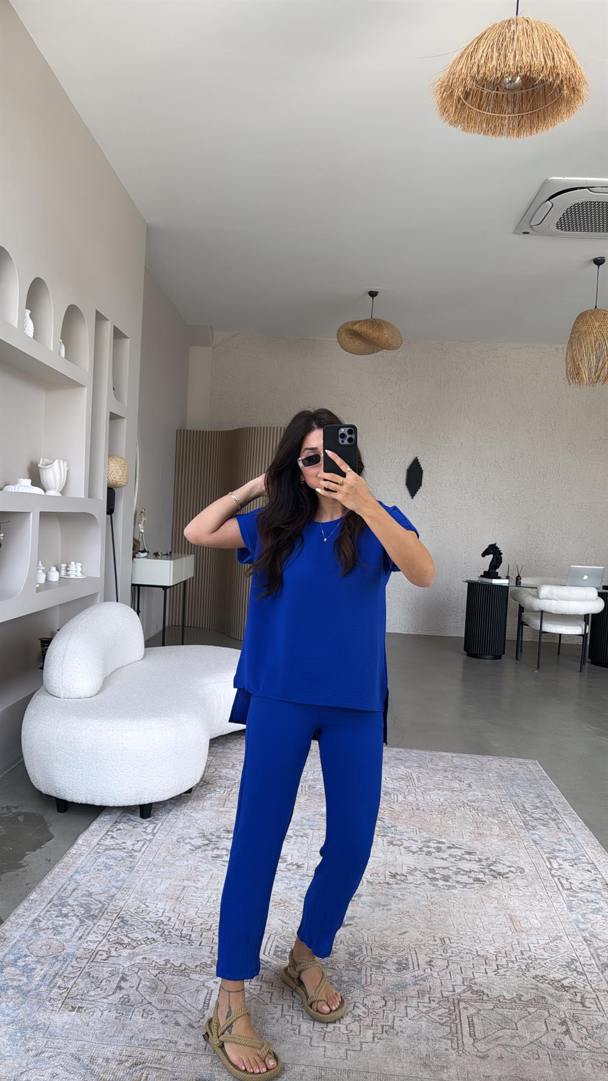 Saks Mavi Paça Pensli Pantolon Bluz Takım