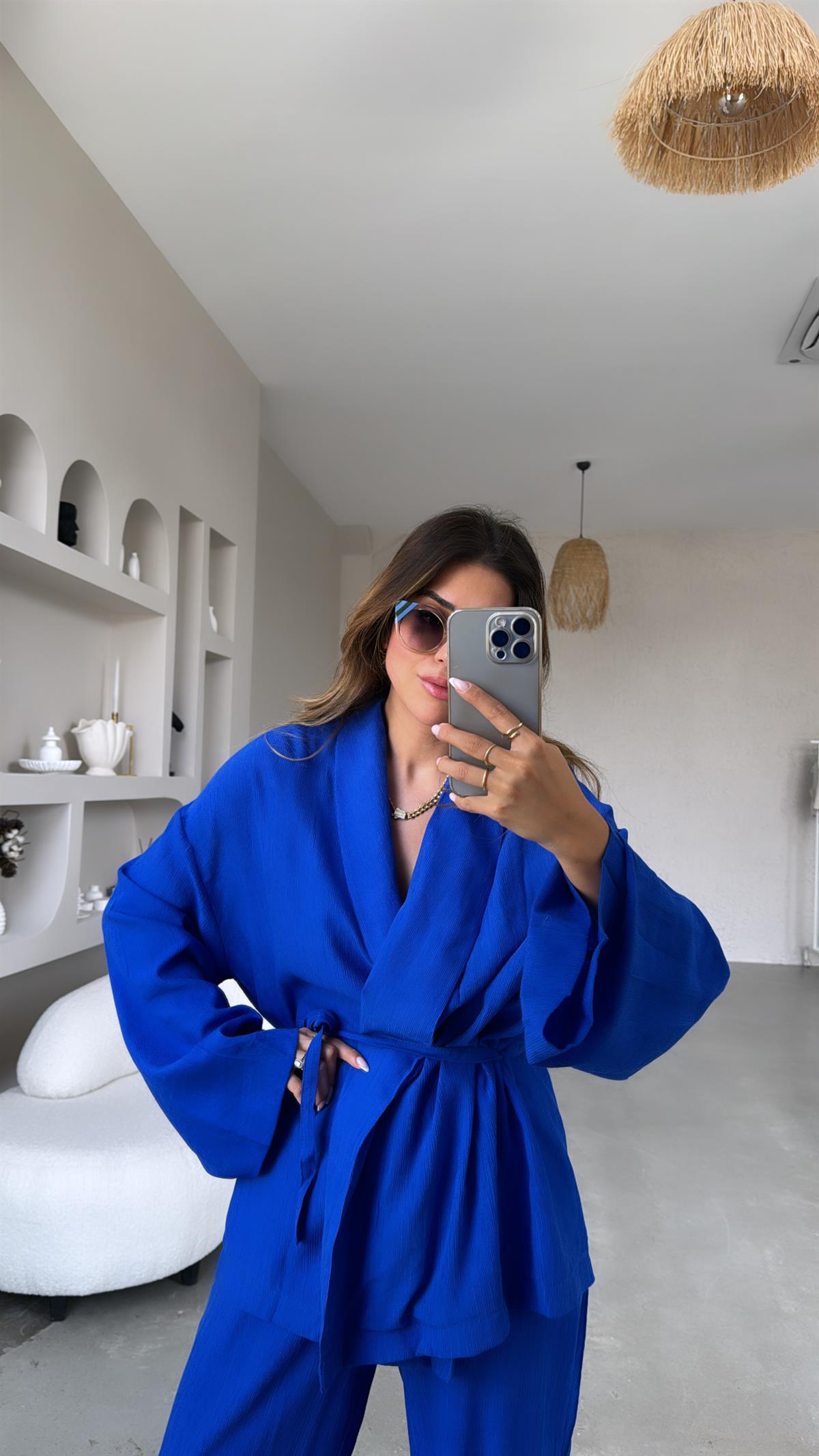 Saks Mavi Şal Yaka Kimono Takım