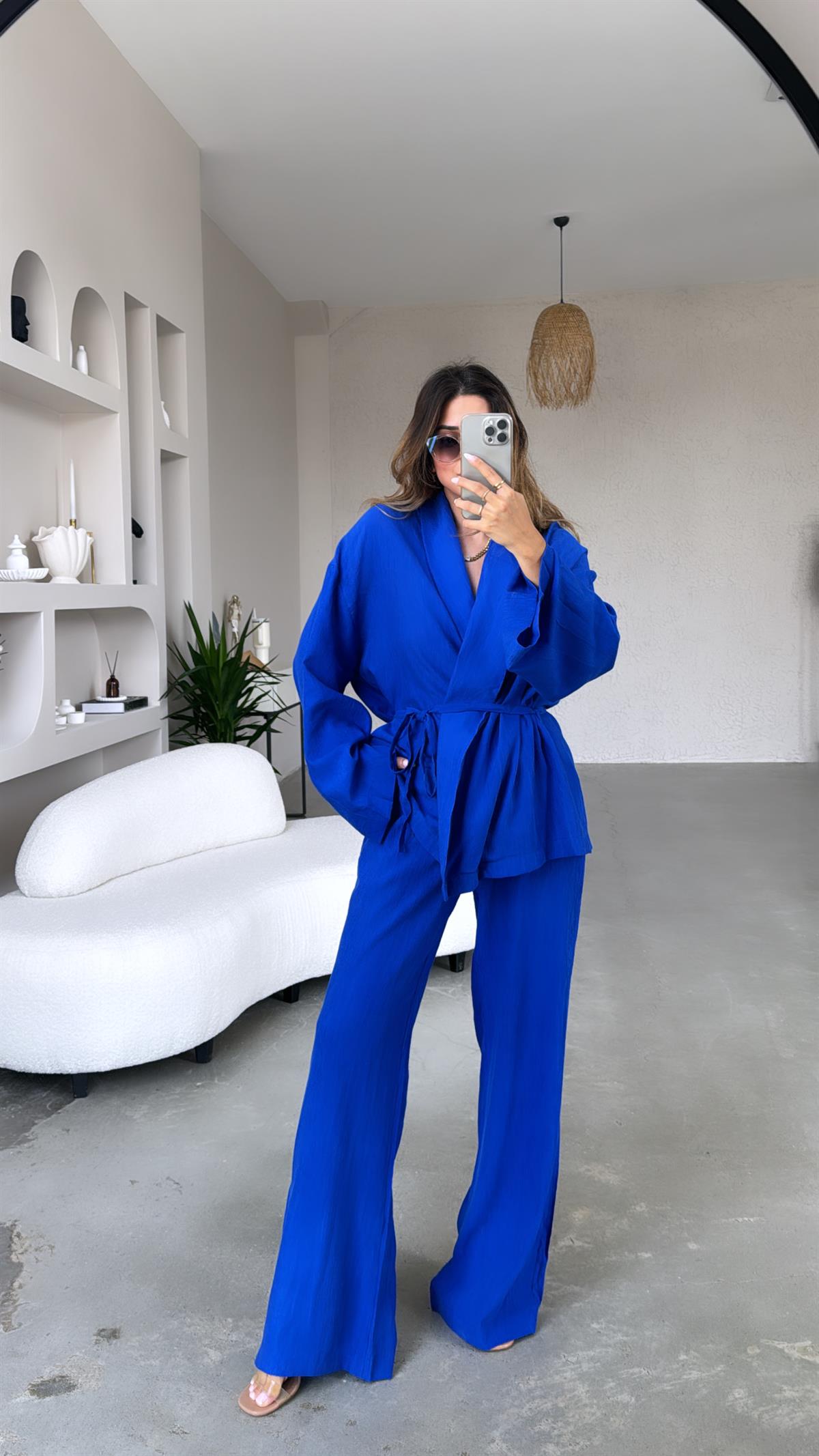 Saks Mavi Şal Yaka Kimono Takım