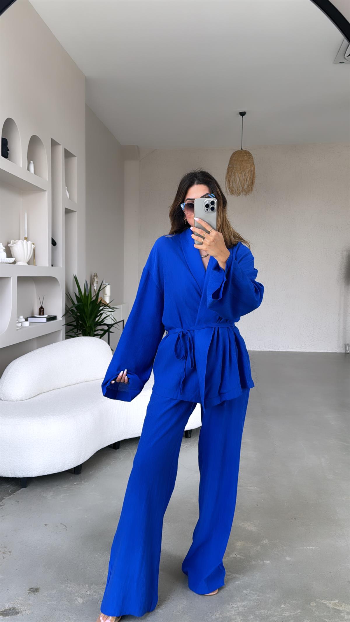 Saks Mavi Şal Yaka Kimono Takım