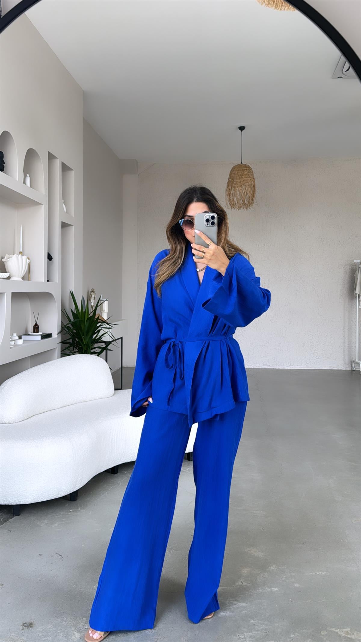 Saks Mavi Şal Yaka Kimono Takım