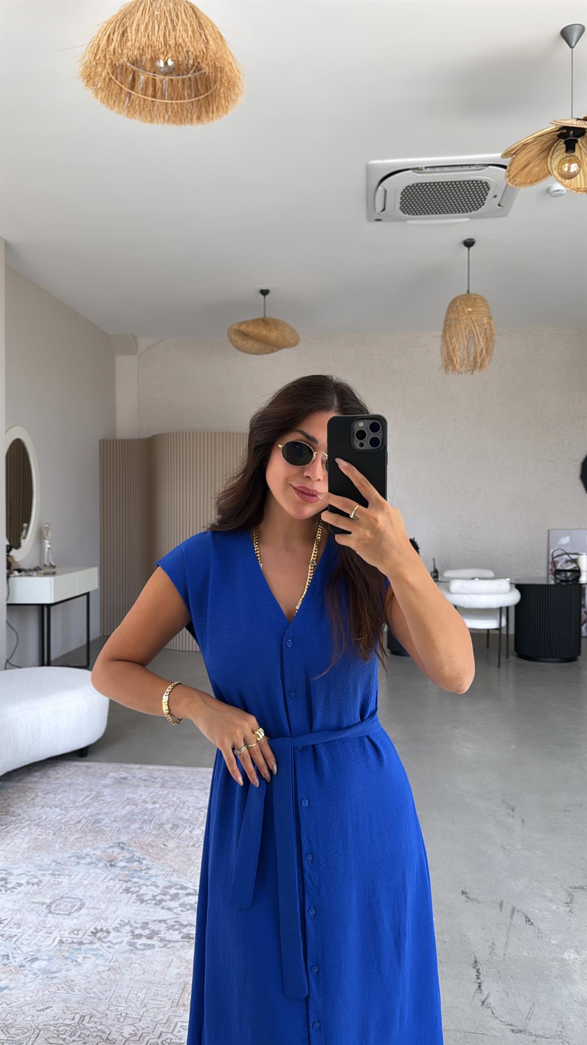 Saks Mavi Zr Model Düğmeli Aerobin Elbise