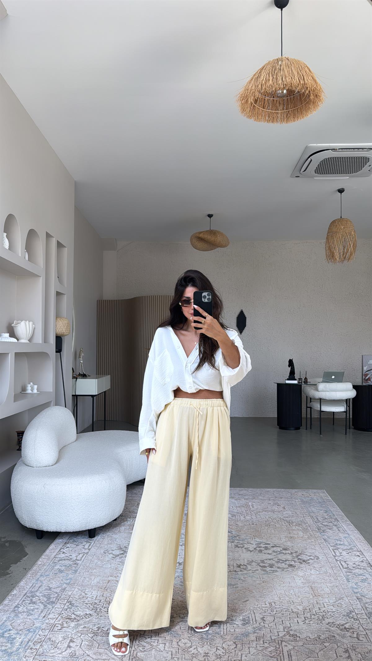 Sarı Basic Keten Pantolon