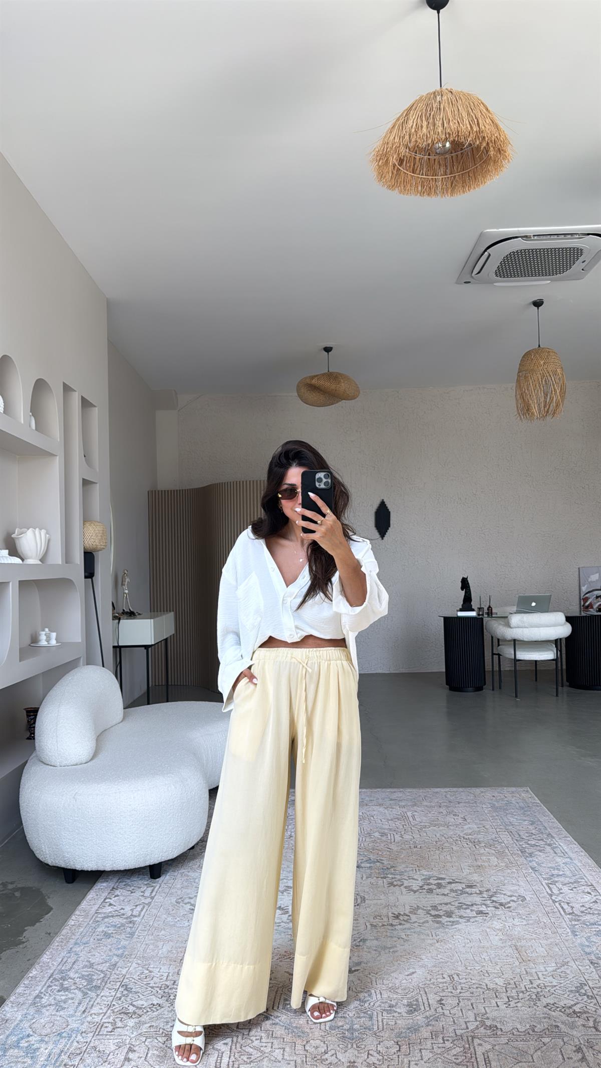 Sarı Basic Keten Pantolon