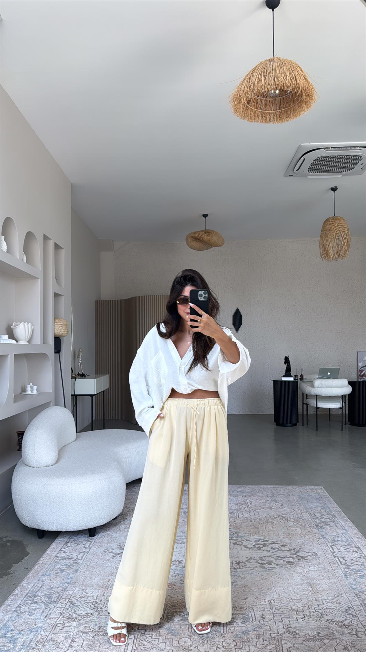 Sarı Basic Keten Pantolon