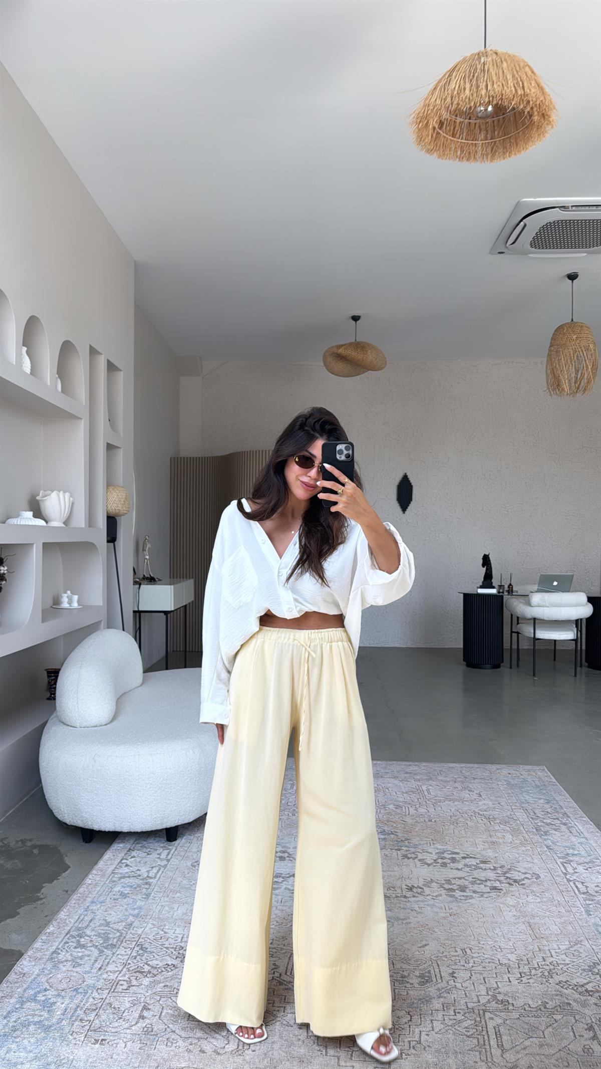 Sarı Basic Keten Pantolon