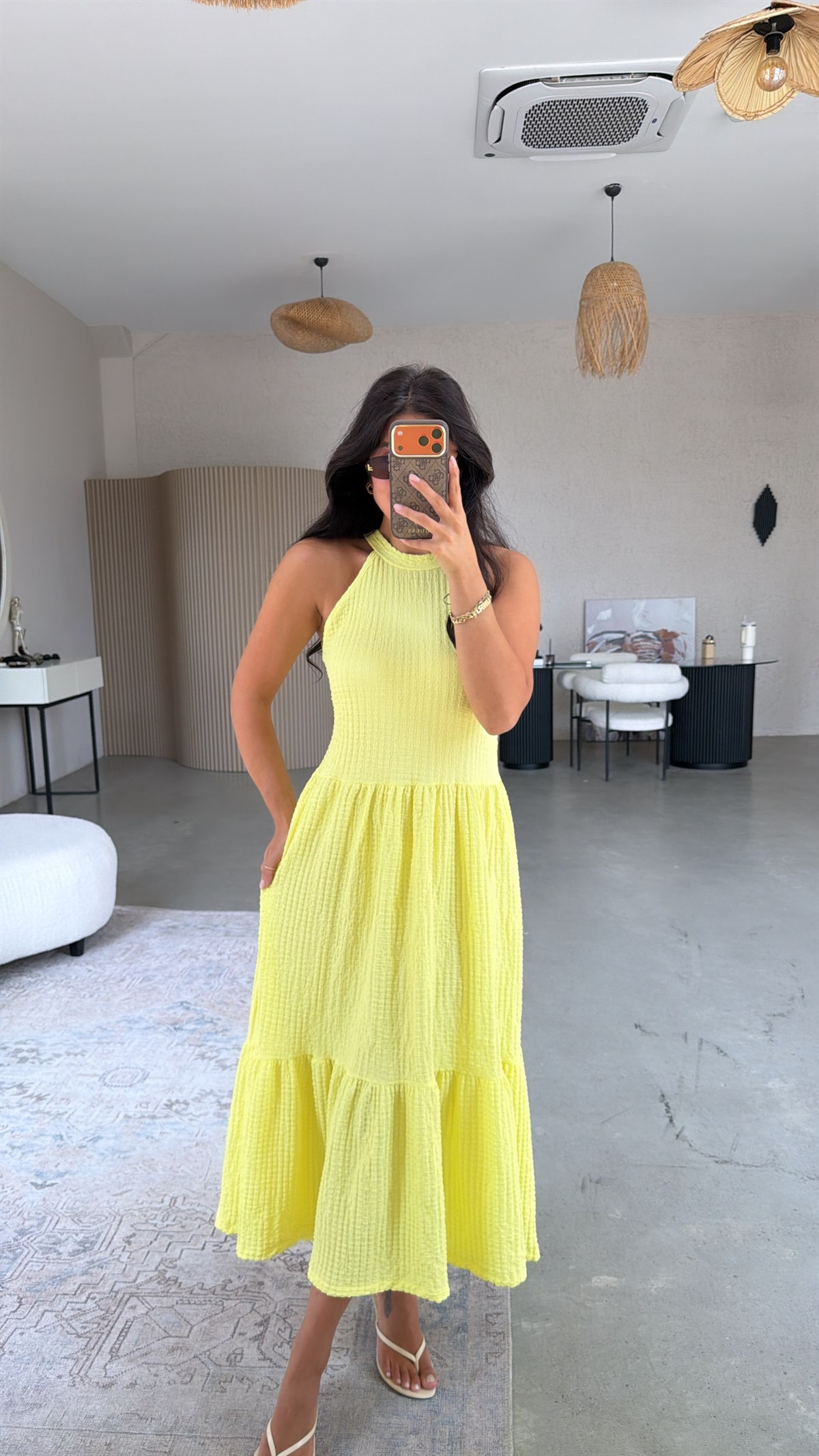 Sarı Bubble Halter Yaka Elbise