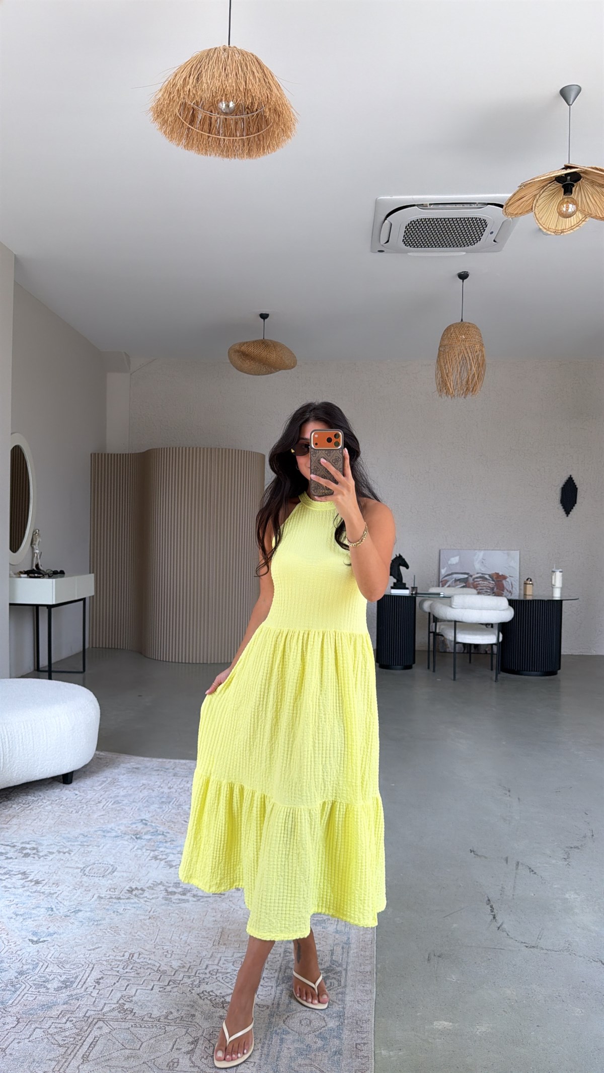 Sarı Bubble Halter Yaka Elbise