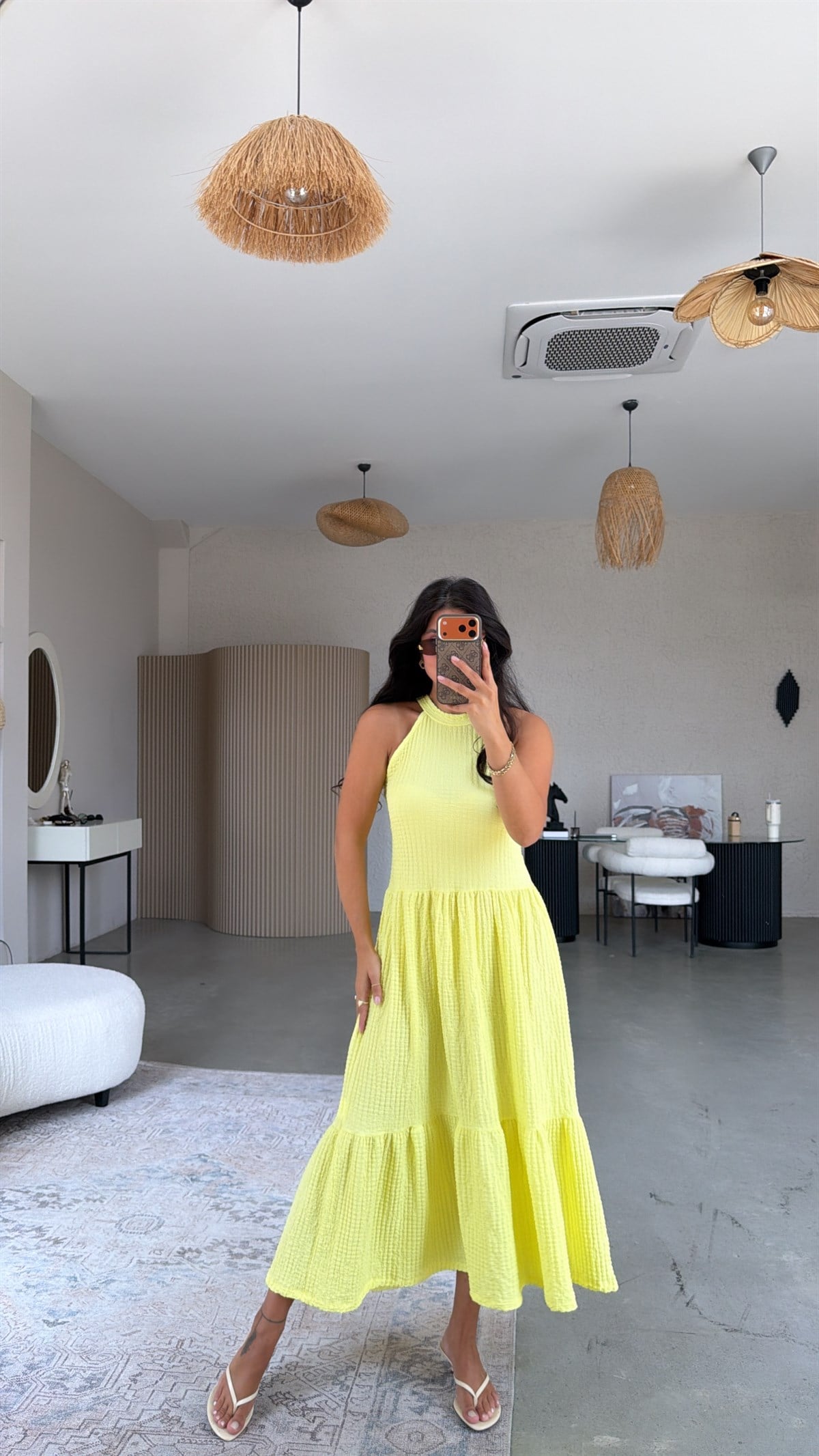 Sarı Bubble Halter Yaka Elbise
