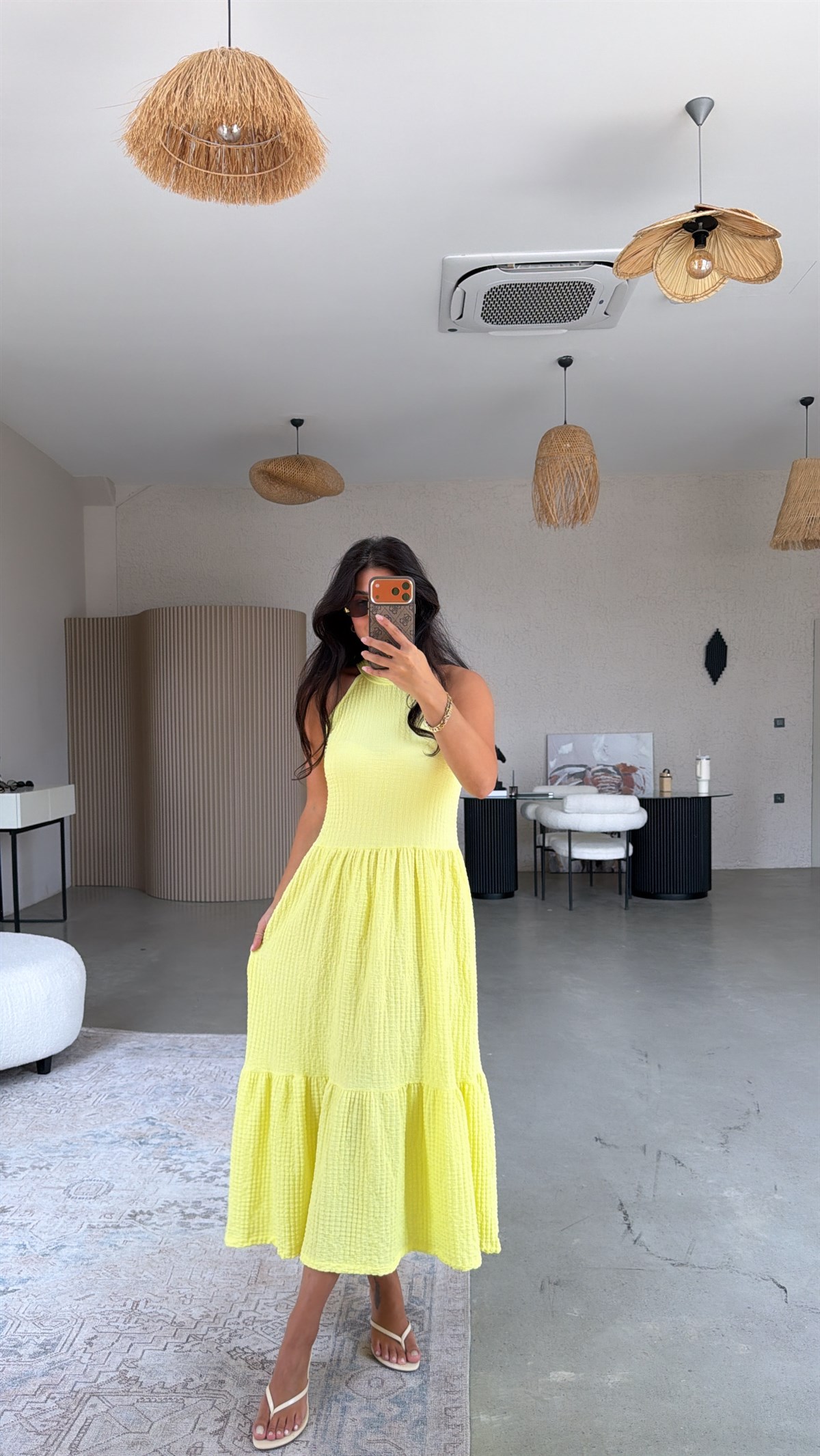 Sarı Bubble Halter Yaka Elbise