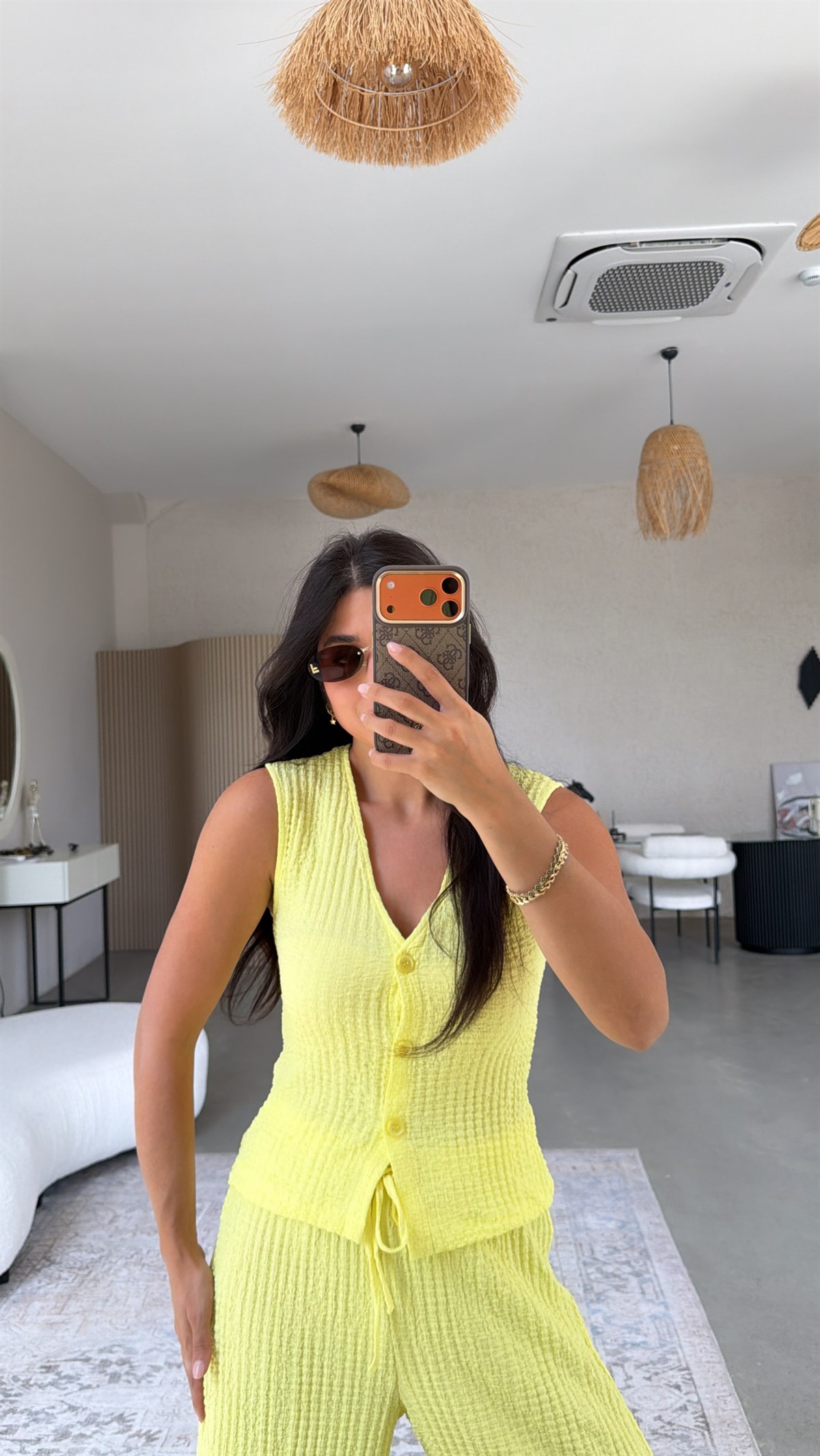 Sarı Bubble Kumaş Yelek Pantolon Takım