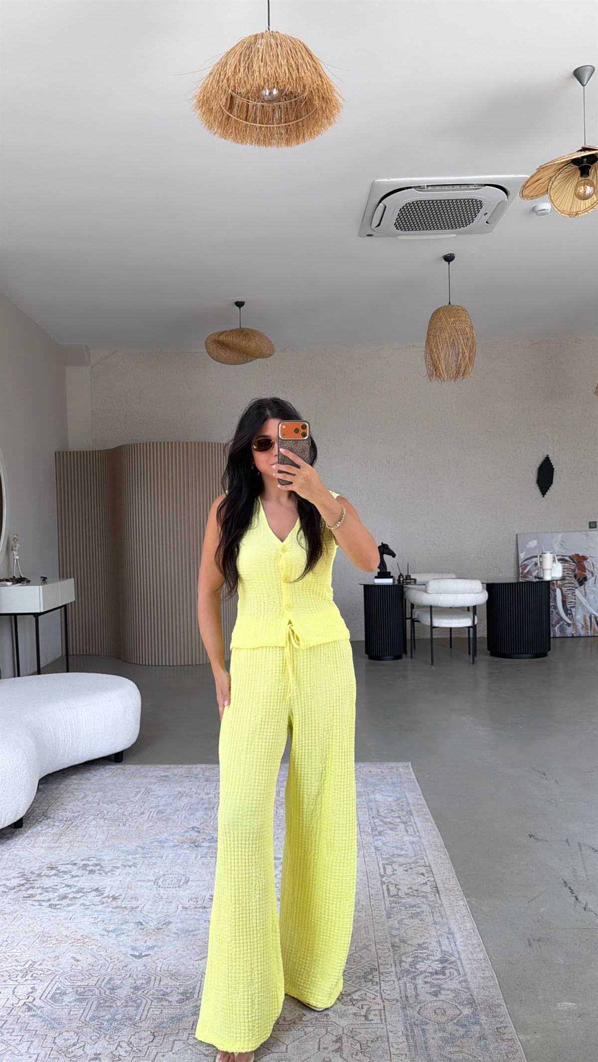 Sarı Bubble Kumaş Yelek Pantolon Takım