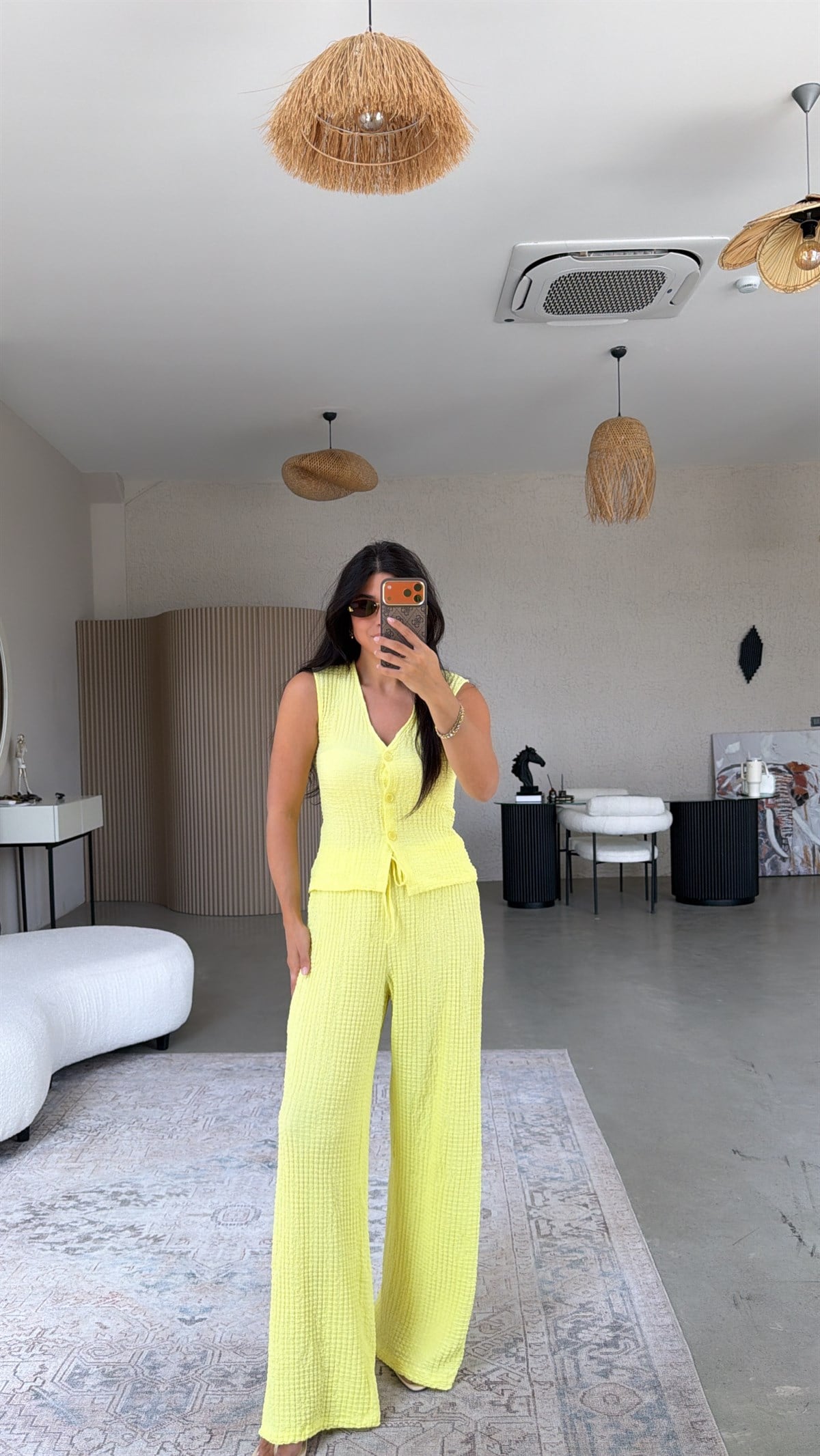 Sarı Bubble Kumaş Yelek Pantolon Takım