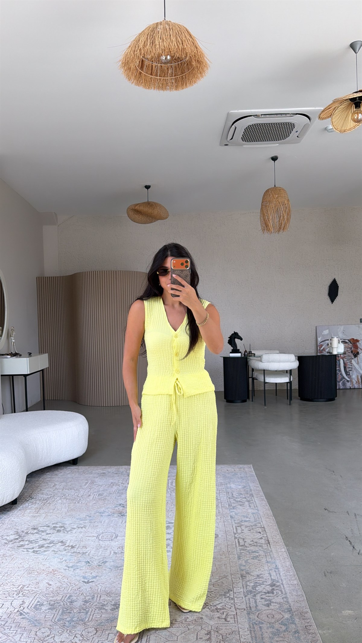 Sarı Bubble Kumaş Yelek Pantolon Takım