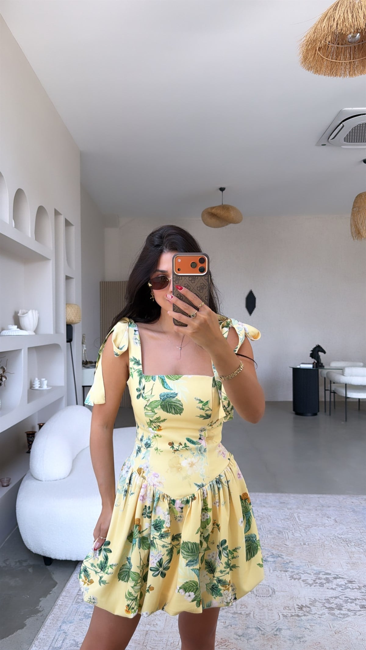 Sarı Çiçekli Krep Kumaş Beli Korseli Balon Elbise