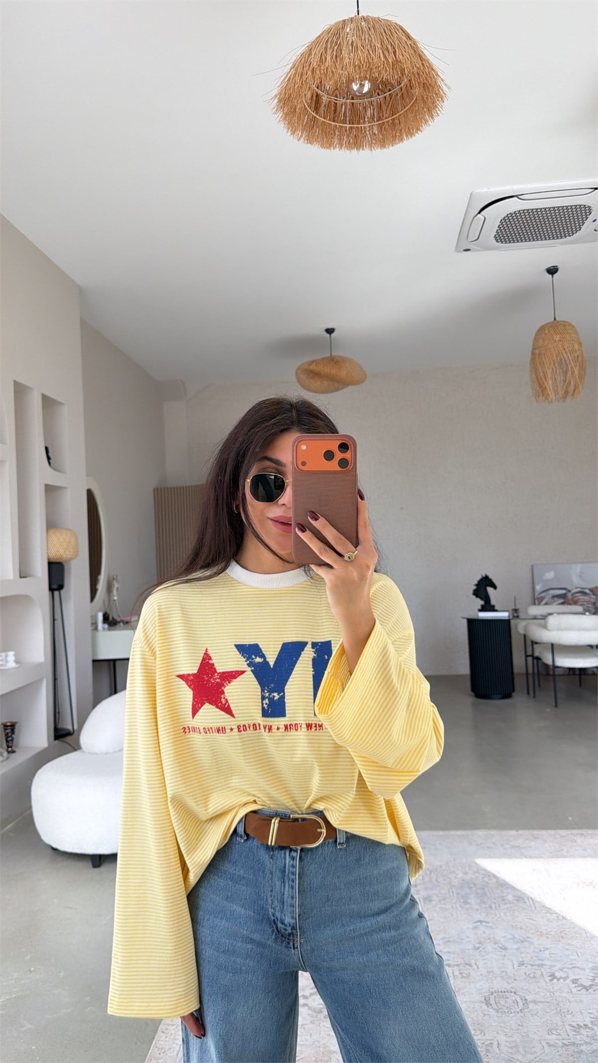 Sarı Çizgili Pamuklu İnce NY Baskılı Basic