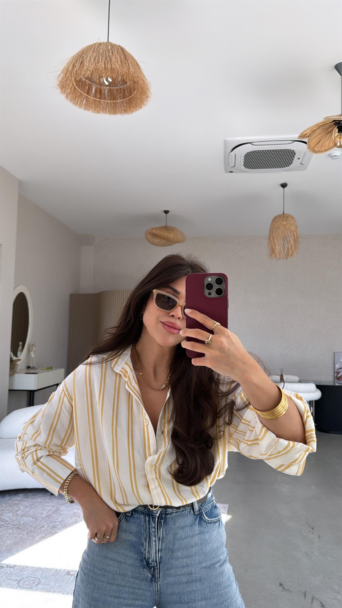 Sarı Çizgili Salaş Dökümlü Gömlek