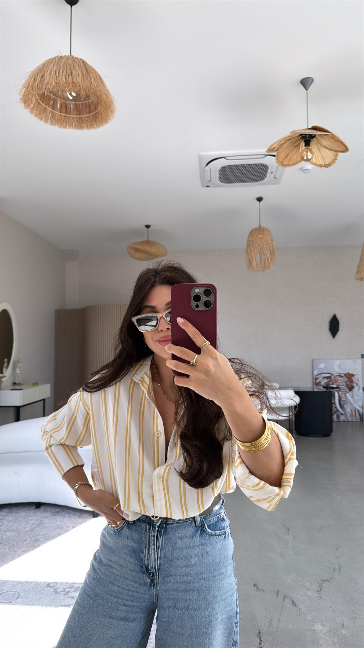 Sarı Çizgili Salaş Dökümlü Gömlek