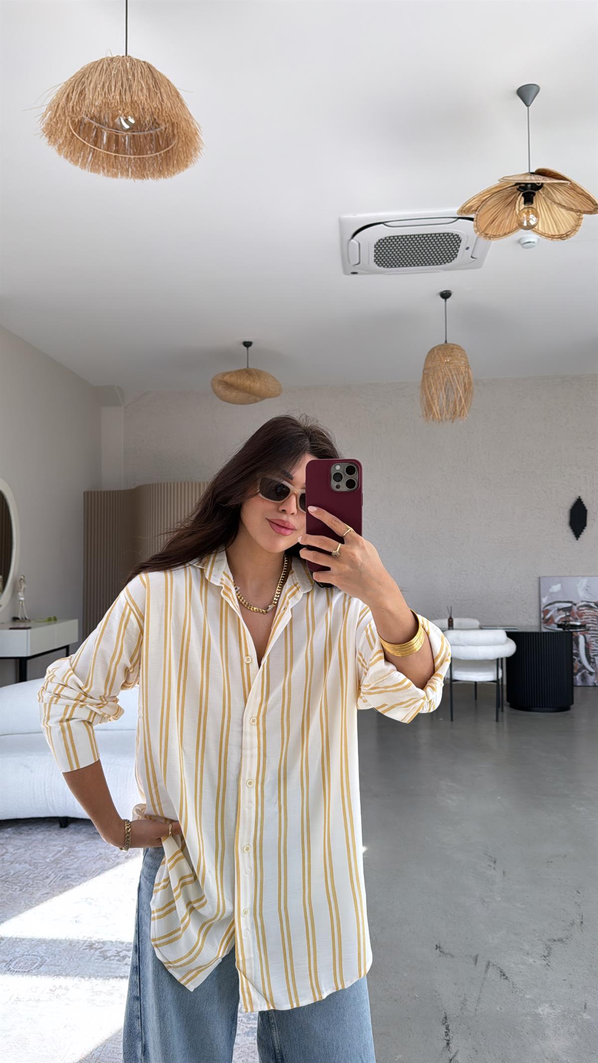 Sarı Çizgili Salaş Dökümlü Gömlek