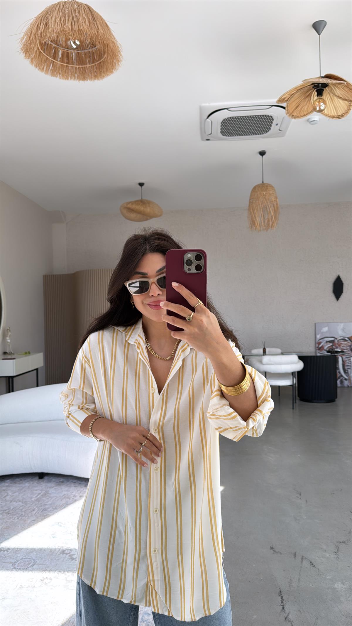 Sarı Çizgili Salaş Dökümlü Gömlek