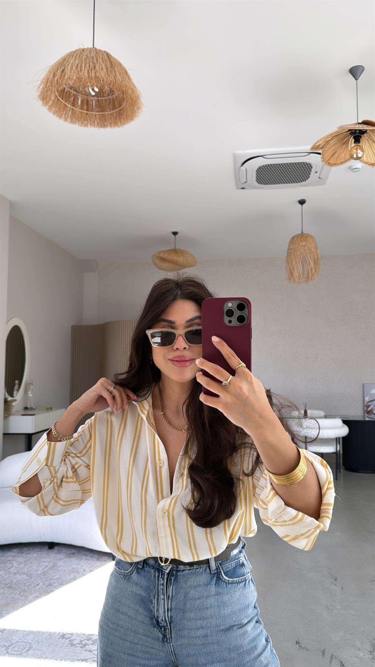 Sarı Çizgili Salaş Dökümlü Gömlek