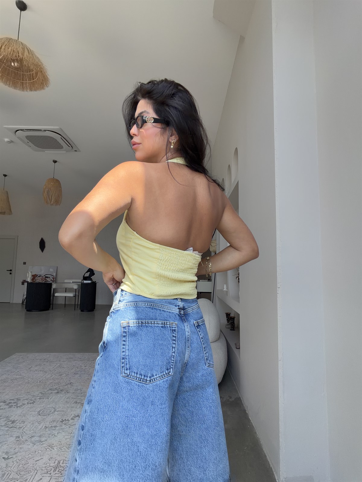 Sarı Eskitme Düğmeli Sırtı Gipeli Keten Bluz