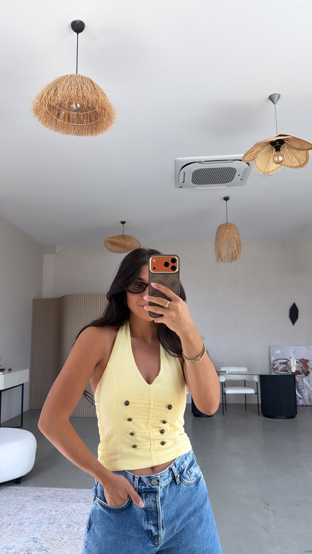 Sarı Eskitme Düğmeli Sırtı Gipeli Keten Bluz