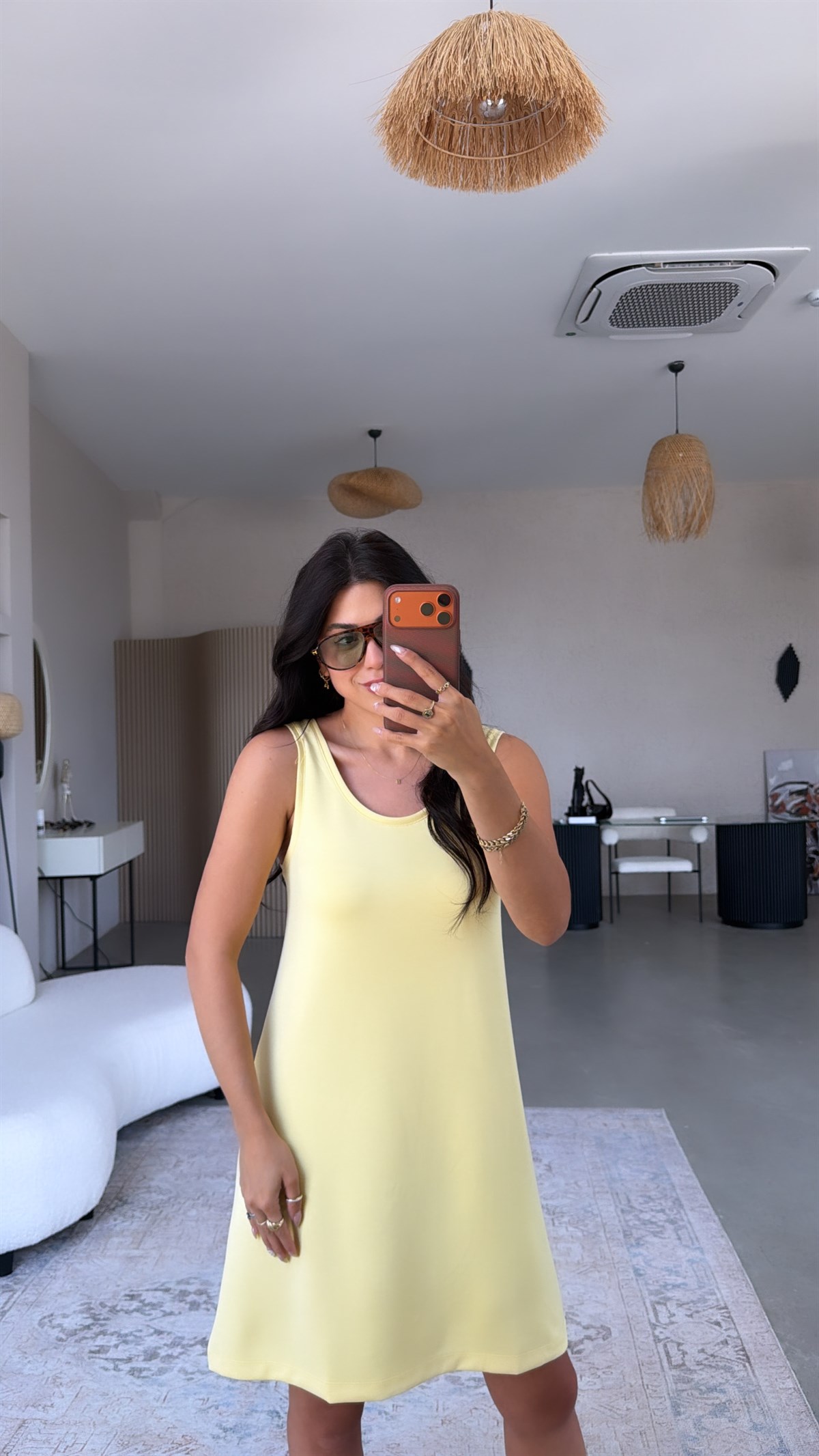 Sarı Kalın Askılı Basic Modal Elbise