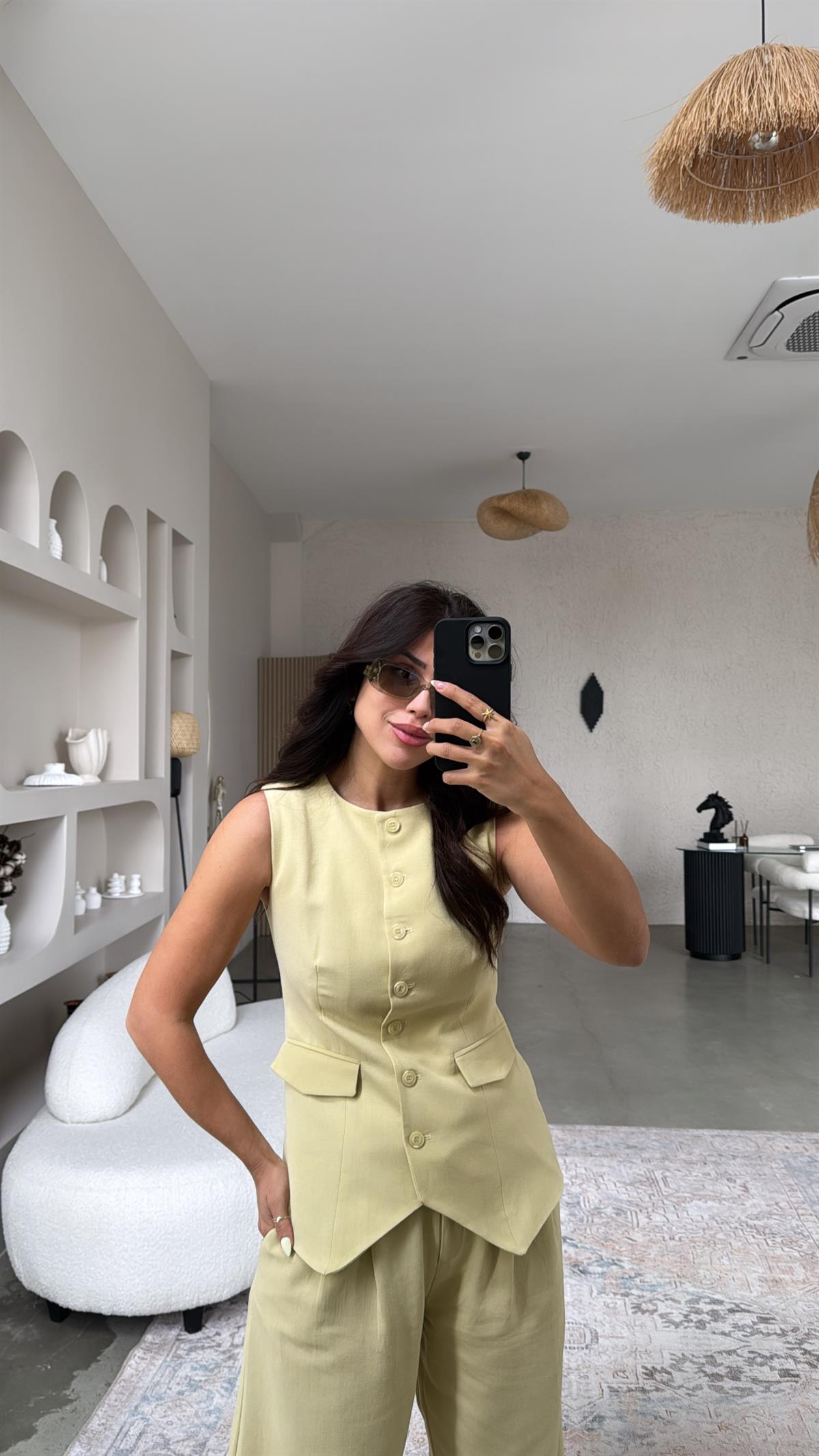 Sarı Keten Astarlı Yelekli Pantolon Takım