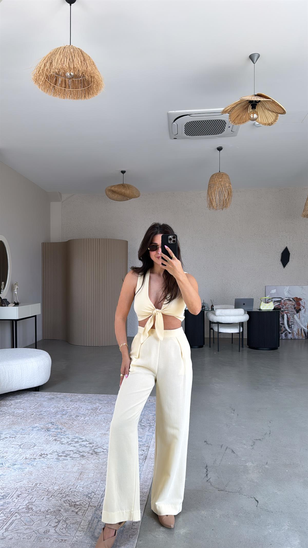 Sarı Keten Bağlamalı Bluzlu Takım