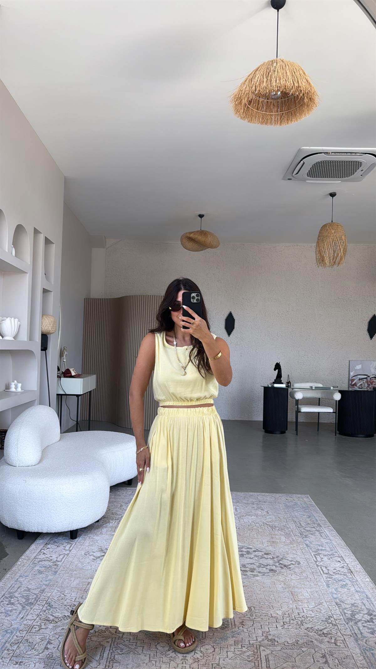 Sarı Massi Keten Etek Bluz Takım