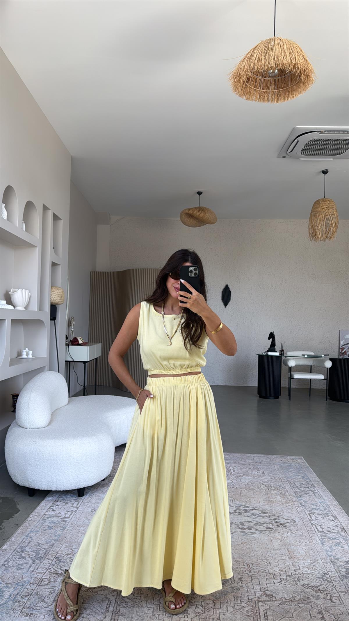 Sarı Massi Keten Etek Bluz Takım