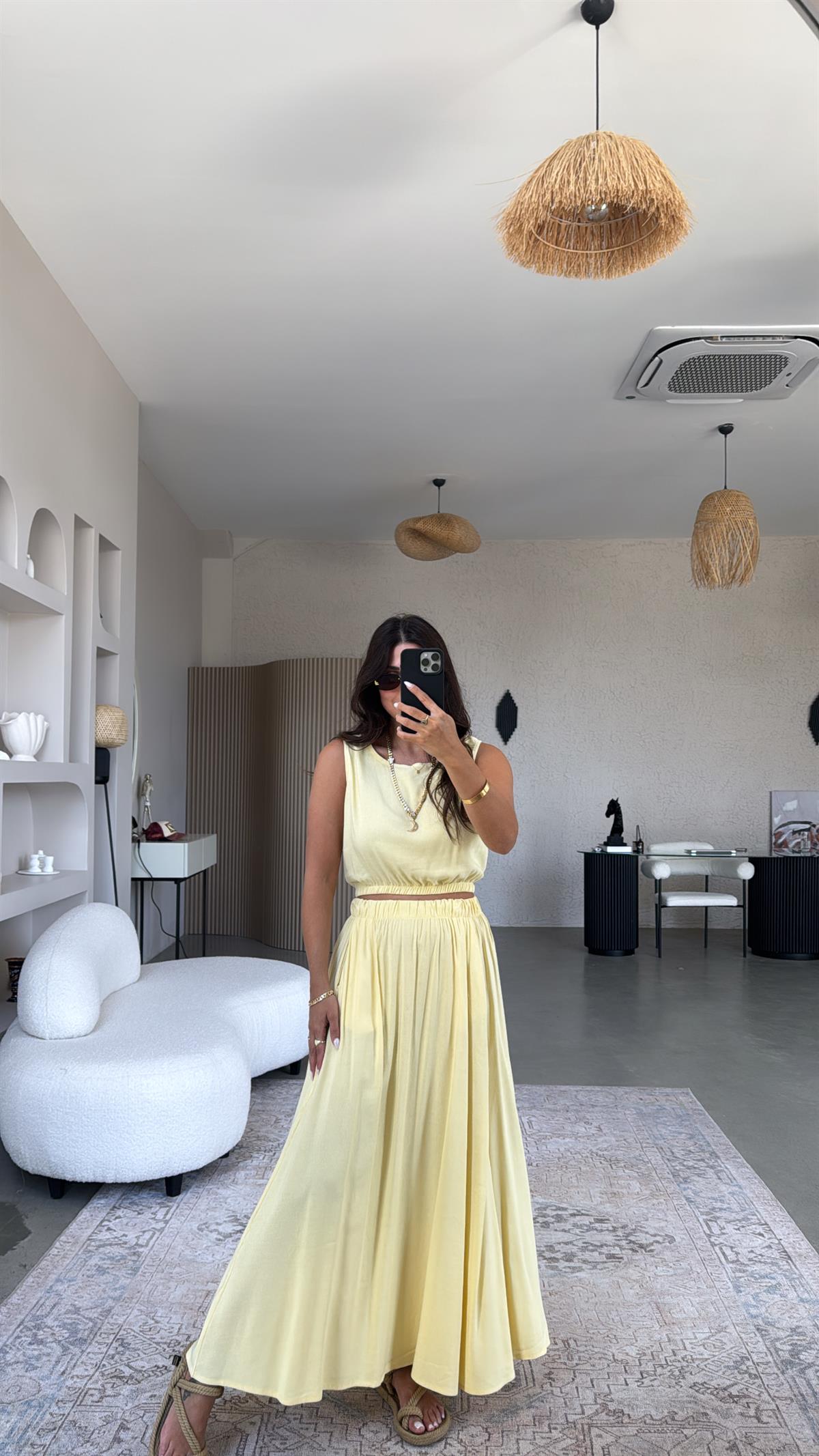 Sarı Massi Keten Etek Bluz Takım