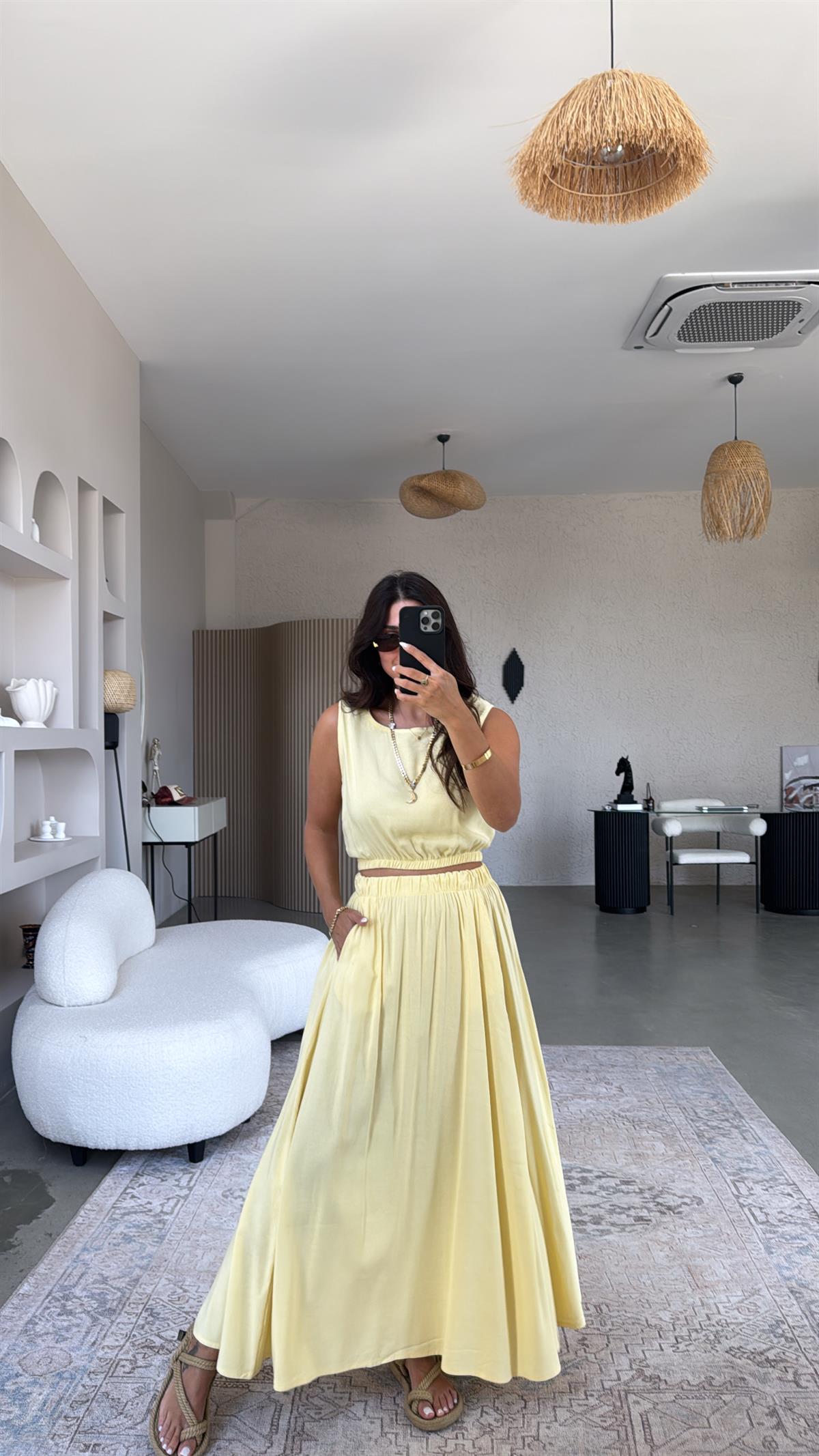 Sarı Massi Keten Etek Bluz Takım