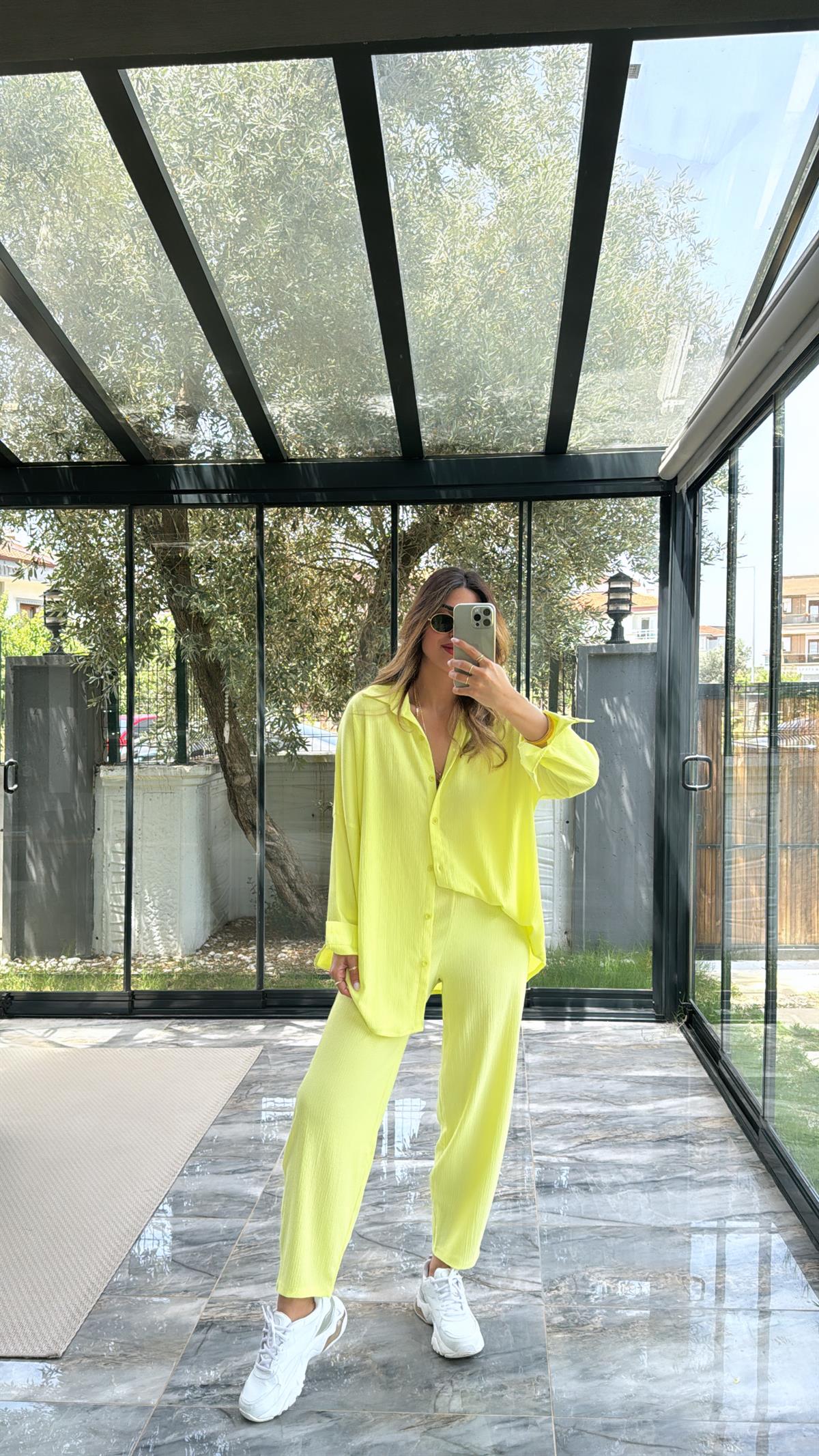 Sarı Paça Pensli Pantolon Gömlek Takım