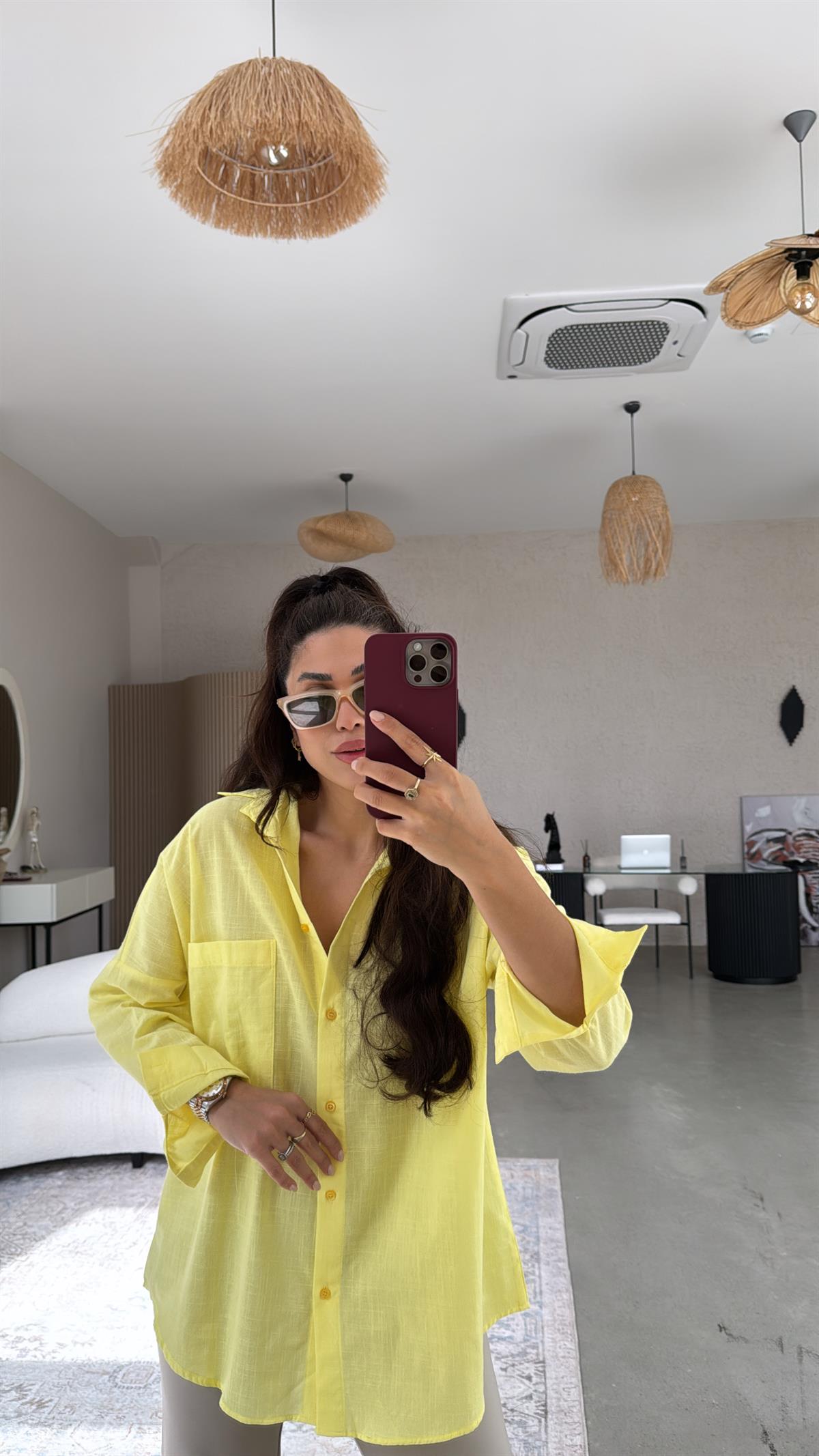 Sarı Tek Cepli Keten Gömlek