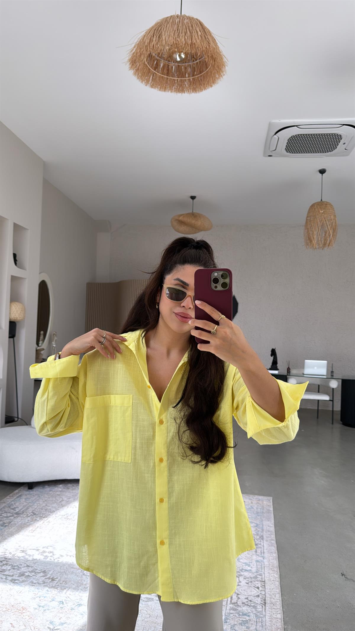 Sarı Tek Cepli Keten Gömlek