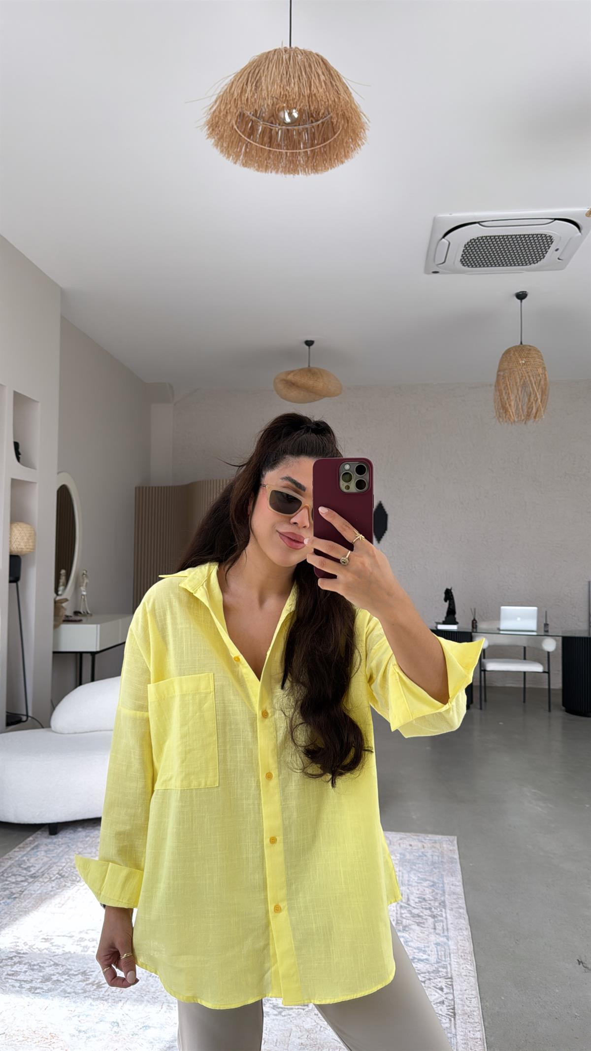 Sarı Tek Cepli Keten Gömlek