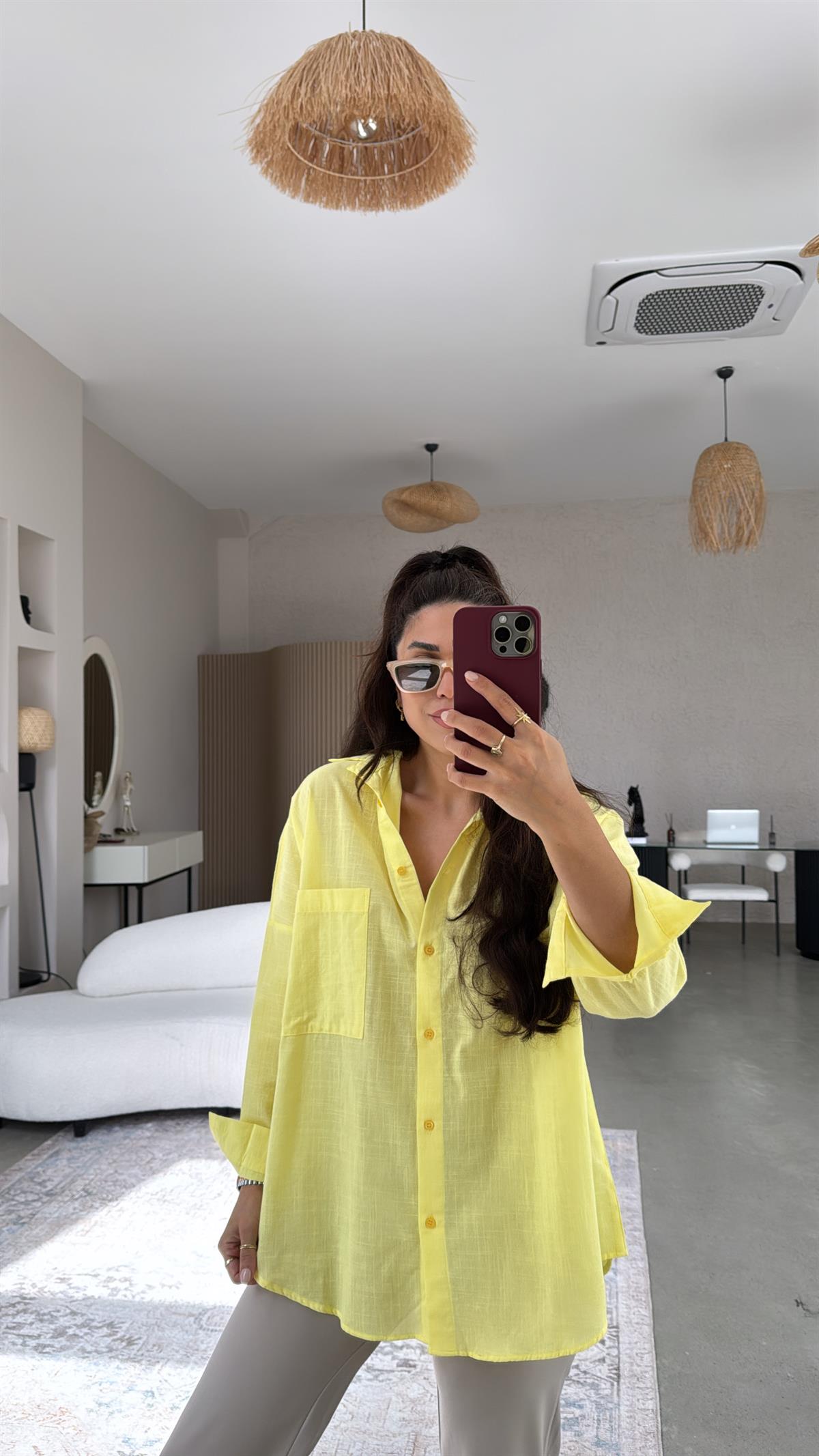 Sarı Tek Cepli Keten Gömlek