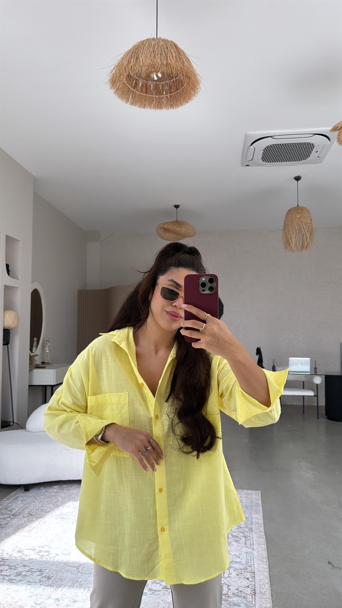 Sarı Tek Cepli Keten Gömlek