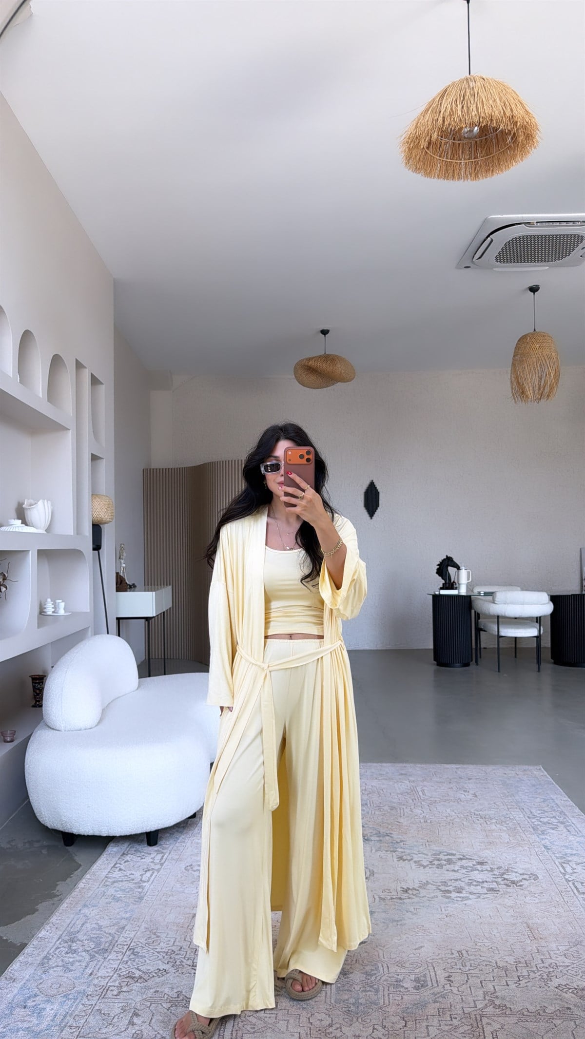 Sarı Uzun Viskon Less Kimono