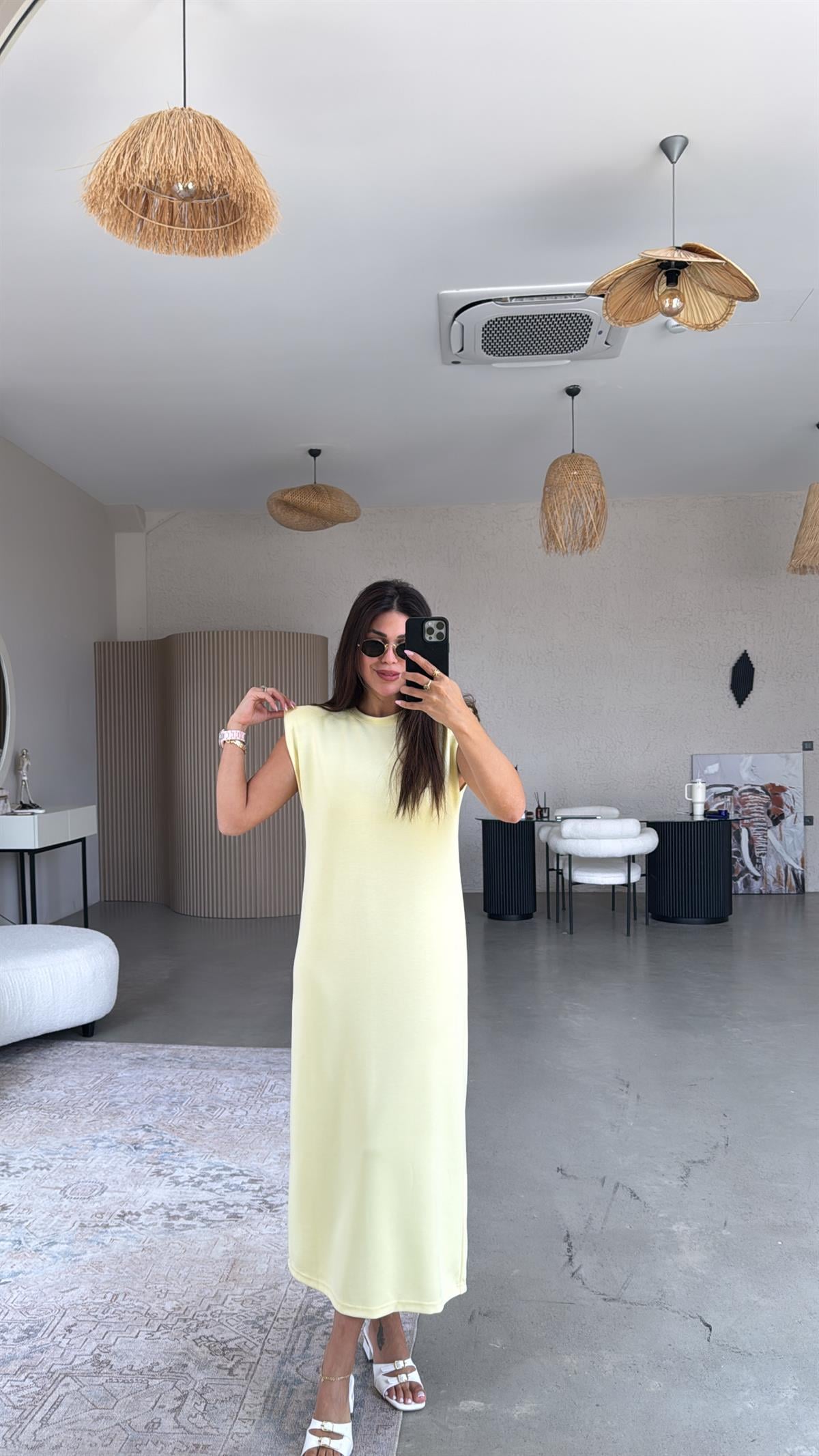 Sarı Vatkalı Modal Elbise
